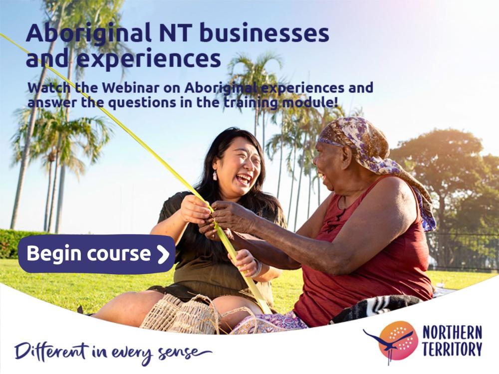 Aboriginal lady teaching basket weaving to a smiling tourist